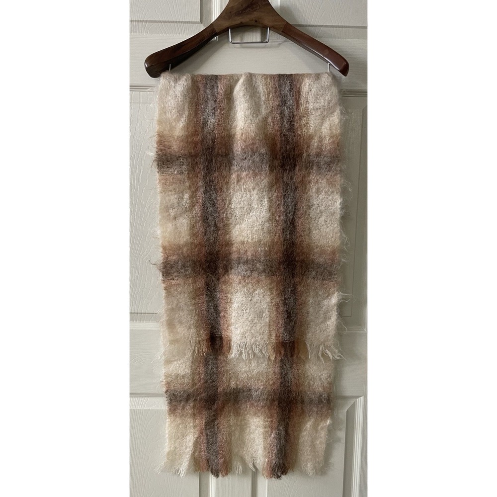 VTG Mohair Unisex Brown Beige Cream Tartan Plaid Fringed Scarf Boho Retro Preppy